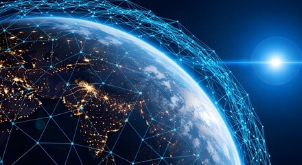 Global network connections illuminating earth at night with bright starburst globe lights