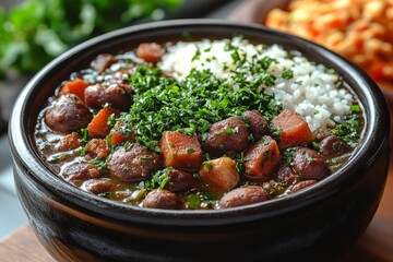 A bowl of traditional Brazilian feijoada stew with beans, sausage, rice, and herbs served hot in rustic black pottery