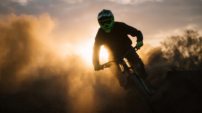 Bmx rider creating dust cloud during golden hour sunset ride - Powered by Adobe