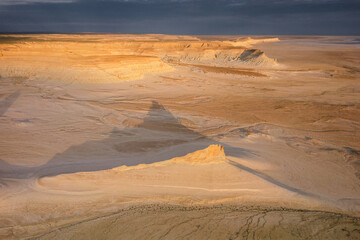 Drone shots of various landscapes of Mangystan in west Kazakhstan, unique rock formations and patterns seen from the air.