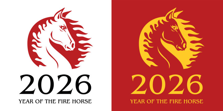 2026 Year of the Horse logo design. Chinese new year 2026. Red fiery horse, the horse's head framed by a mane that looks like tongues of flame. Vector on transparent and red background