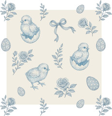 Vintage French style Easter pattern with blue and white Easter chickens, eggs and floral elements.