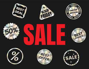 Holographic horizontal sale banner with special offer text, colorful discount stickers on black background, up to 50% off promotion, modern shopping advertisement template. Vector EPS10