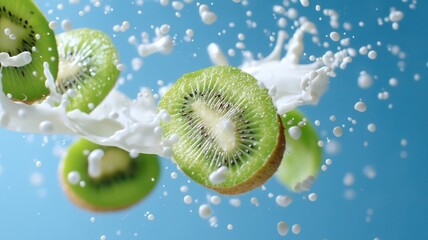 Ripe kiwi slices diving into creamy milk, splattering with vibrant energy against bright blue background
