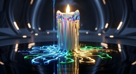 A candle with melting wax of many colors on a reflective surface in a futuristic setting with lights