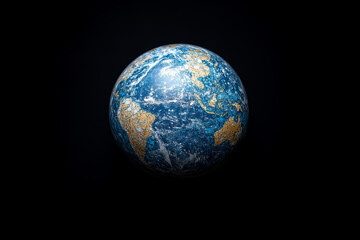 Fototapeta premium Cracked textured Earth globe on black background symbolizing fragility and complexity of global ecosystems