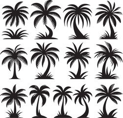 Palm tree silhouettes on a tropical summer landscape with beach and nature elements