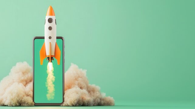 Startup concept with rocket launching from smartphone screen surrounded by smoke on green background