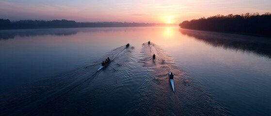 Rowing team training on glassy water at sunrise