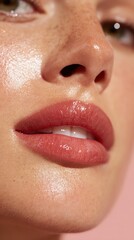 Fototapeta premium Lips are presented with clean skin care products Close-up of glossy lips with natural freckles, showcasing beauty and skincare.
