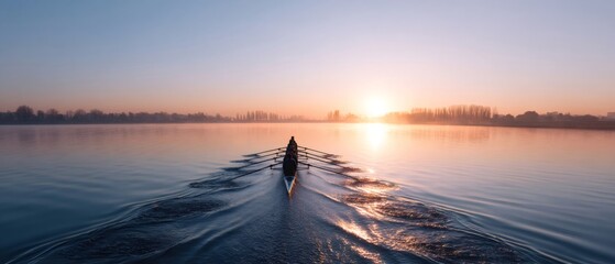 Rowing team training on glassy water at sunrise
