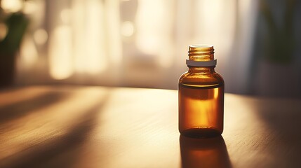 Aromatherapy Essence: An amber glass vial sits serenely on a wooden surface, its contents illuminated by the gentle diffusion of light, creating a captivating ambiance of tranquility.
