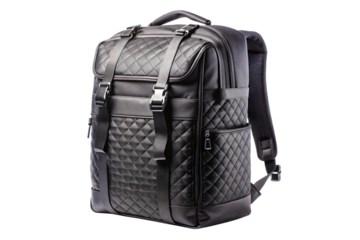 A black leather backpack with a quilted diamond pattern and stylish straps, isolated on a transparent background