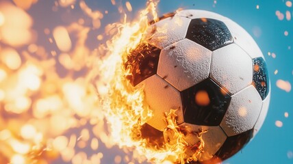 Soccer ball engulfed in fiery sparks, blazing against deep blue backdrop, symbolizing burning passion of competitive soccer gameplay