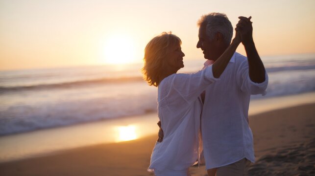 Senior couple dancing salsa on beach at sunset