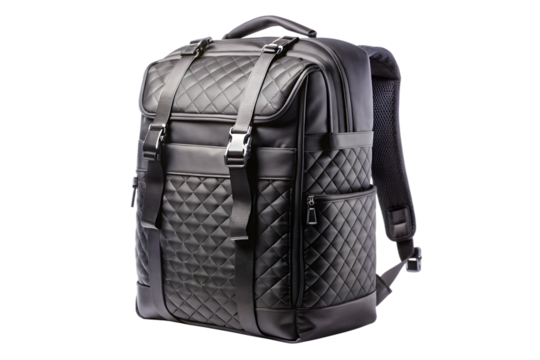 A black leather backpack with a quilted diamond pattern and stylish straps, isolated on a transparent background