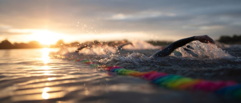 Athletes swimming in open water at sunrise during triathlon competition