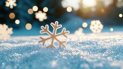 Shimmering golden snowflake ornament resting on snowy surface, surrounded by soft focus snowflakes and glowing sunset lights, evoking winter wonderland mood