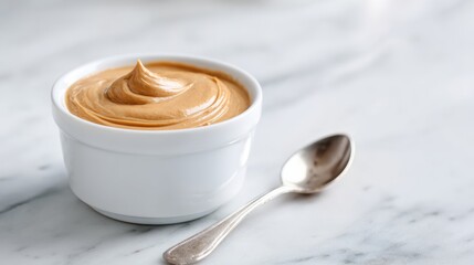 Creamy peanut butter in a white bowl, perfect for spreading or baking. A delicious and nutritious snack option.