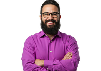 Man with beard and glasses wearing a purple shirt isolated on transparent background