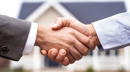 Business partners shaking hands after successfully closing a deal on a new home purchase, celebrating their collaboration and trust