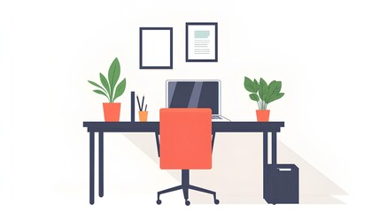 Minimalist Workspace Design: A clean, modern office desk featuring a laptop, potted plants, and framed artwork, showcasing a minimalist approach to work environment.