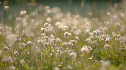 Serene spring meadow with blooming flowers bathed in morning light, creating a peaceful natural setting.