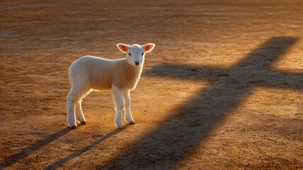 Obraz premium Lamb standing near cross shadow during golden sunset, symbolizing religious sacrifice and redemption of easter christian tradition