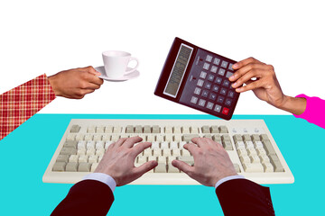 Collage 3d image of pinup pop retro sketch of hands boss typing keyboard workplace secretary help employee magazine surrealism metaphor