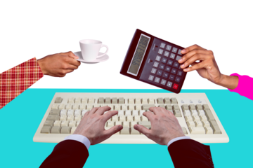 Collage 3d image of pinup pop retro sketch of hands boss typing keyboard workplace secretary help employee magazine surrealism metaphor