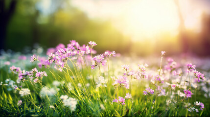 Serene spring meadow with blooming flowers bathed in morning light, creating a peaceful natural setting.