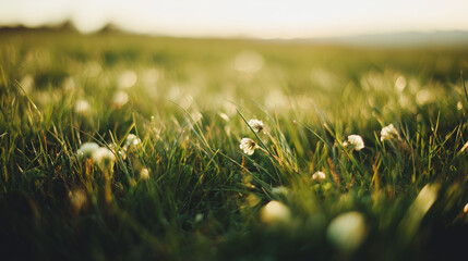 Serene spring meadow with blooming flowers bathed in morning light, creating a peaceful natural setting.