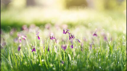 Serene spring meadow with blooming flowers bathed in morning light, creating a peaceful natural setting.