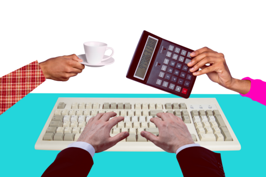 Collage 3d image of pinup pop retro sketch of hands boss typing keyboard workplace secretary help employee magazine surrealism metaphor