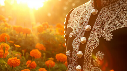 An embroidered charro jacket with silver buttons, bathed in golden sunset light, with marigold flowers softly blurred in the background.
