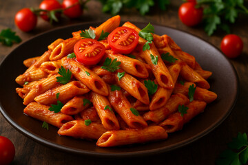 Delicious Penne Pasta with Tomato Sauce Garnished with Fresh Parsley and Cherry Tomatoes. Traditional Italian Dish on Rustic Wooden Table