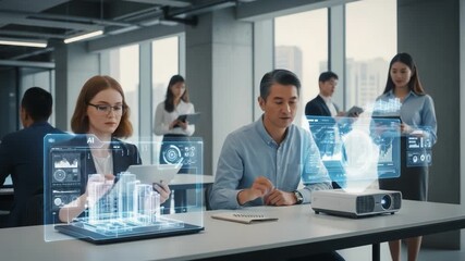 A Modern Office Collaboration Featuring Advanced Technology and Professional Engagement, Showcasing AI Visuals and Interactive Digital Displays Among Colleagues - Powered by Adobe
