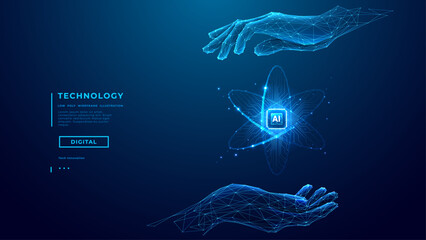 Two Digital Hands Holding AI chip with nuclear atom icon with circuit. Blue Low Poly Wireframe Illustration on Dark Blue Background. Science and Technology Innovation Concept. Vector illustration. 