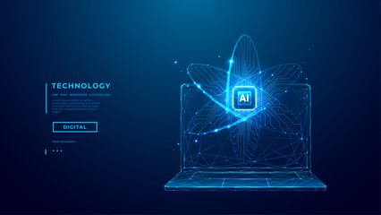 Ai chip and abstract digital atom icon on laptop screen on technology background. Science tech bg. Circuit light lines and cpu processor. 3D science wireframe vector illustration.