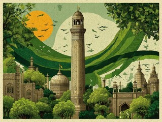 Patriotic poster design featuring Minar with green flags and ribbons