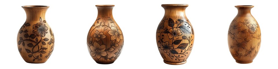 Set of Decorative Bamboo Flower Vases with Flower Engravings Isolated on Transparent Background