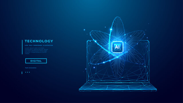 Ai chip and abstract digital atom icon on laptop screen on technology background. Science tech bg. Circuit light lines and cpu processor. 3D science wireframe vector illustration.