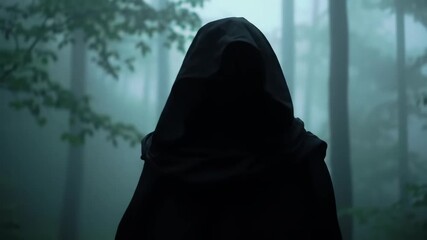 Hooded figure in shadowy cloak stands in misty forest as camera pushes in, swirling fog and shifting shadows