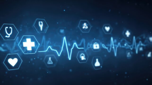 Futuristic medical icons with heartbeat graph on dark background, symbolizing health technology and advancements.