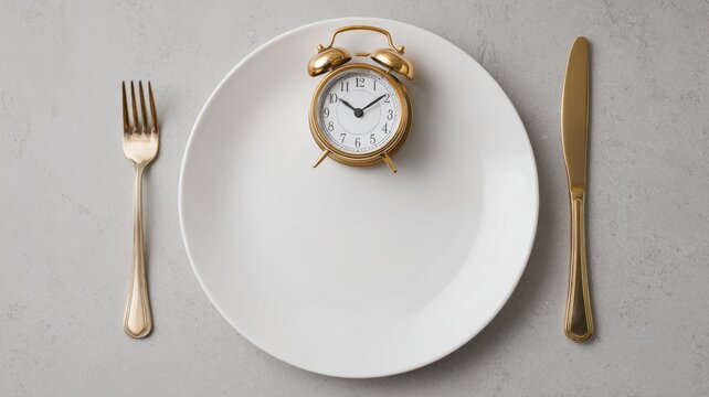 Empty plate with fork and knife and vintage clock indicating time for intermittent fasting
