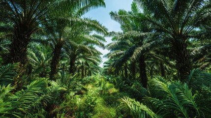 Lush green palm tree forest under a bright blue sky, showcasing nature's vibrant beauty and tranquility.