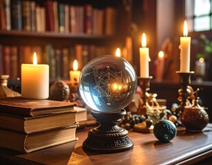 Crystal ball, candles, books