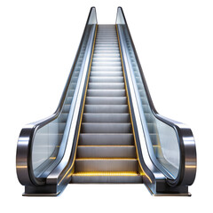 Modern metallic escalator with illuminated steps isolated on transparent background