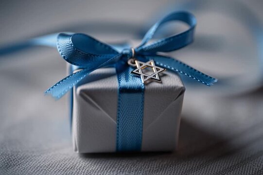 Silver gift box with blue satin ribbon and star of david charm on soft gray background
