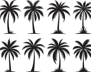 Palm tree silhouettes on a tropical summer landscape with beach and nature elements
